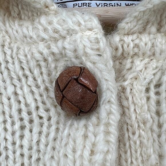 Vintage Pendleton Virgin Wool Sweater Medium Leather Button Henley Ivory READ - Picture 3 of 11